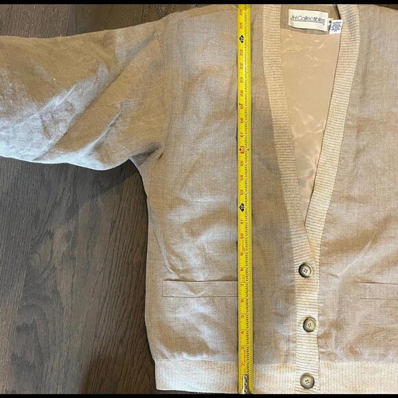 Vintage 80s 90s Beige Linen Campus Cardigan Jacket  Minimalist Earthtone Grandpa - Picture 8 of 9